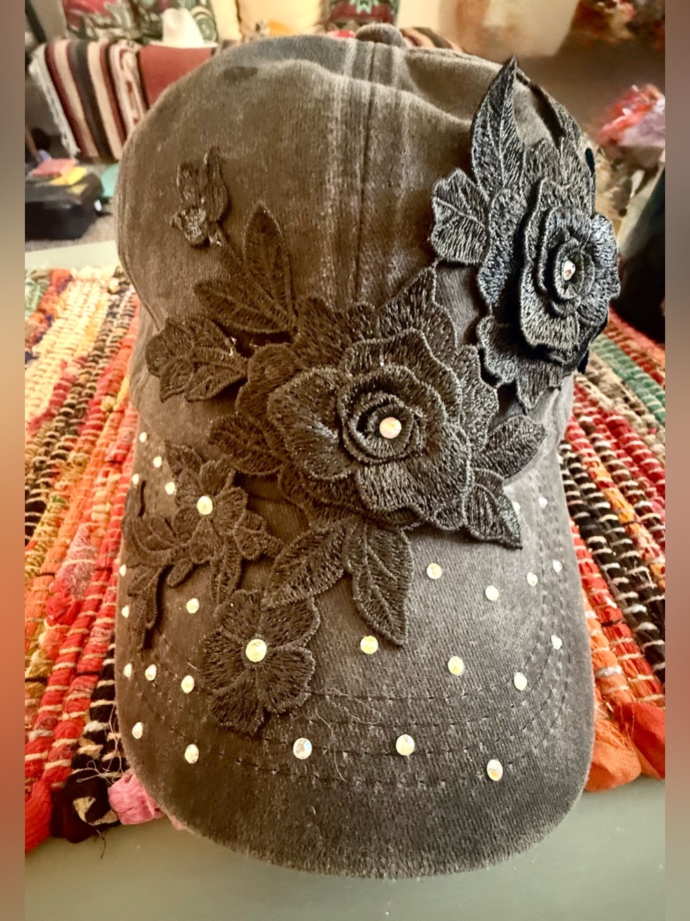 Women’s Embellished Floral Black Cap